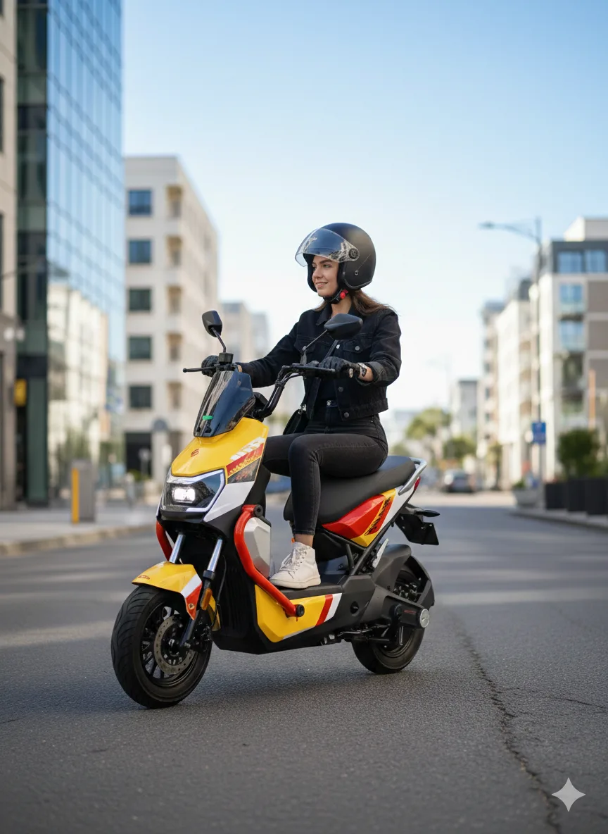 Mujer conduciendo una motocicleta eléctrica Motai por la ciudad